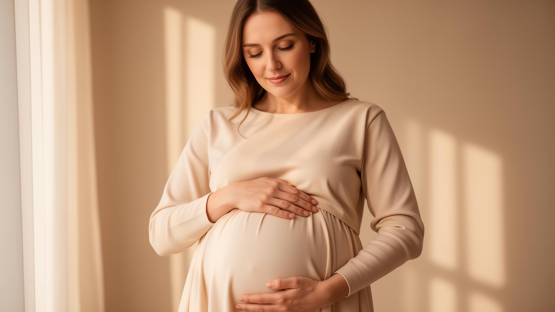 Gestante serena com as mãos sobre a barriga, em luz natural quente